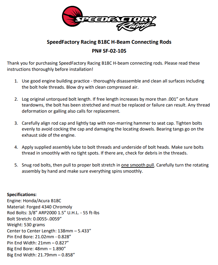 SpeedFactory Racing B18C (GS-R / Type-R) Forged Steel H-Beam Connecting Rods